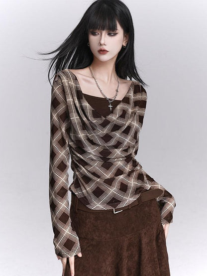 LADYGHOST Ghostly Plaid Faux Layered Cinched Waist Women&