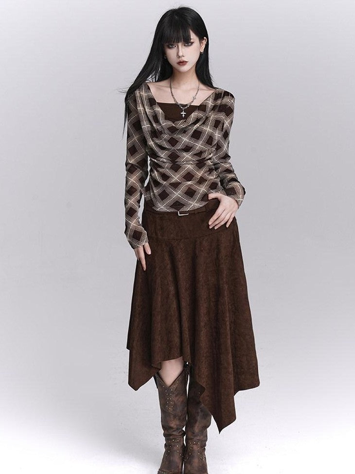 LADYGHOST Ghostly Plaid Faux Layered Cinched Waist Women&
