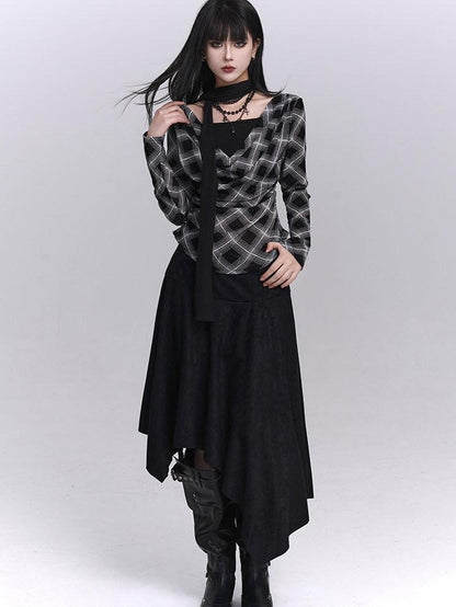 LADYGHOST Ghostly Plaid Faux Layered Cinched Waist Women&