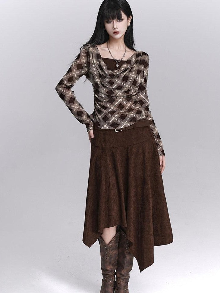 LADYGHOST Ghostly Plaid Faux Layered Cinched Waist Women&