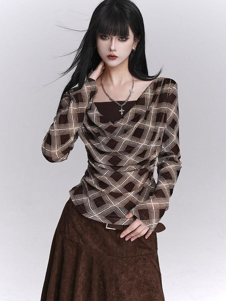 LADYGHOST Ghostly Plaid Faux Layered Cinched Waist Women&