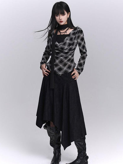 LADYGHOST Ghostly Plaid Faux Layered Cinched Waist Women&