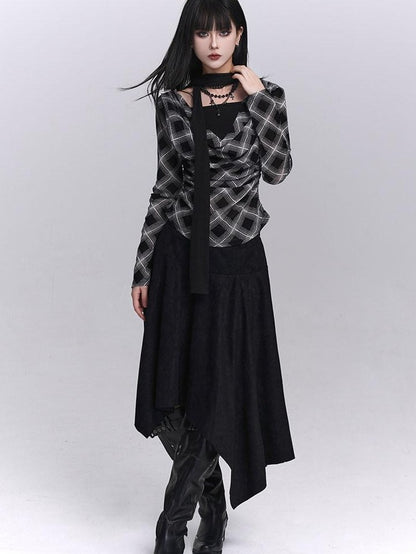 LADYGHOST Ghostly Plaid Faux Layered Cinched Waist Women&