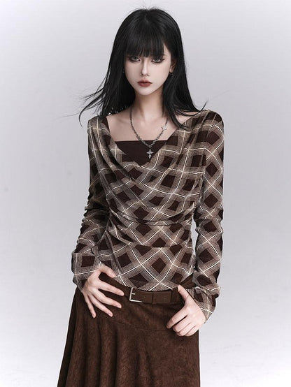LADYGHOST Ghostly Plaid Faux Layered Cinched Waist Women&