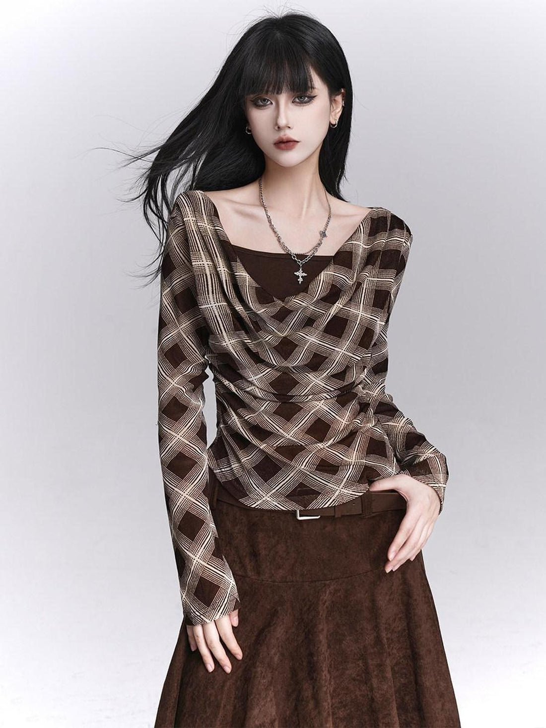 LADYGHOST Ghostly Plaid Faux Layered Cinched Waist Women&