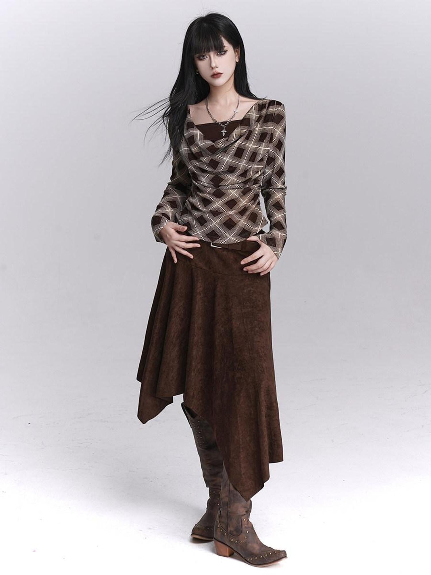 LADYGHOST Ghostly Plaid Faux Layered Cinched Waist Women&