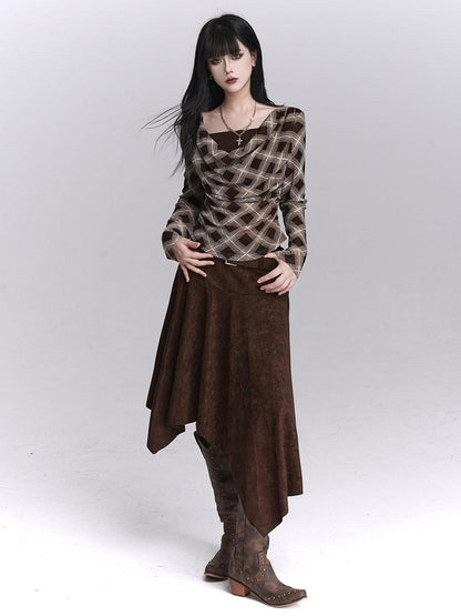 LADYGHOST Ghostly Plaid Faux Layered Cinched Waist Women&