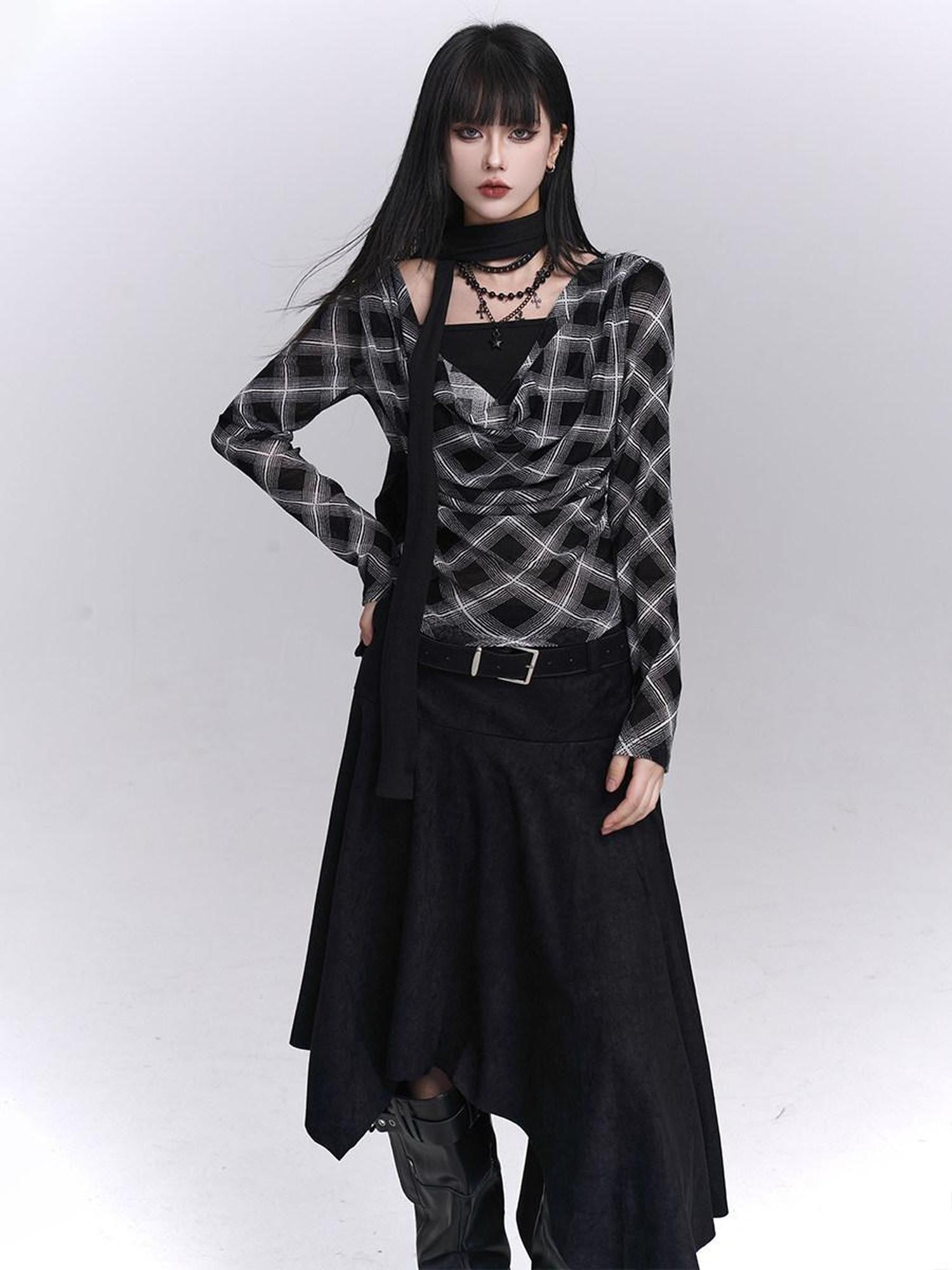 LADYGHOST Ghostly Plaid Faux Layered Cinched Waist Women&