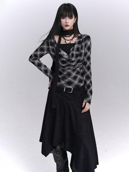 LADYGHOST Ghostly Plaid Faux Layered Cinched Waist Women&
