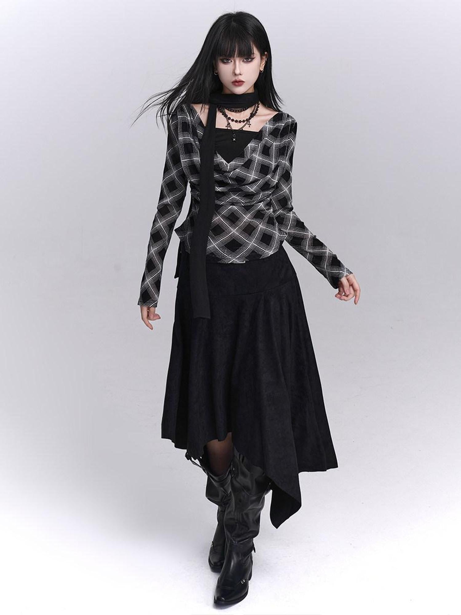 LADYGHOST Ghostly Plaid Faux Layered Cinched Waist Women&