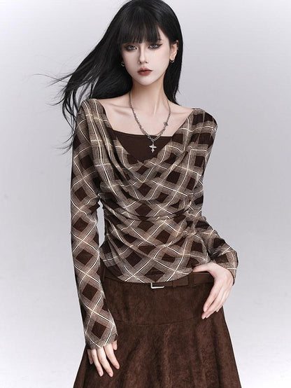 LADYGHOST Ghostly Plaid Faux Layered Cinched Waist Women&