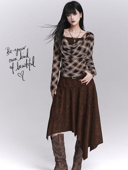LADYGHOST Ghostly Plaid Faux Layered Cinched Waist Women&