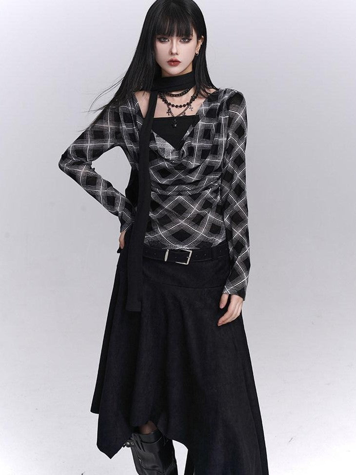 LADYGHOST Ghostly Plaid Faux Layered Cinched Waist Women&