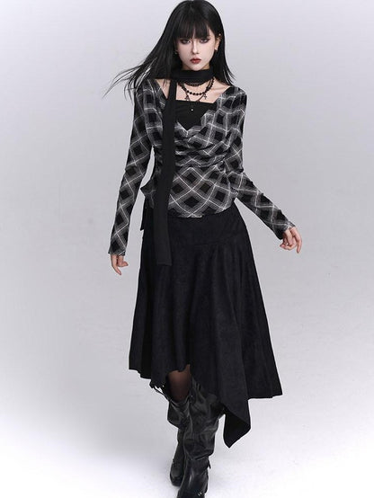 LADYGHOST Ghostly Plaid Faux Layered Cinched Waist Women&
