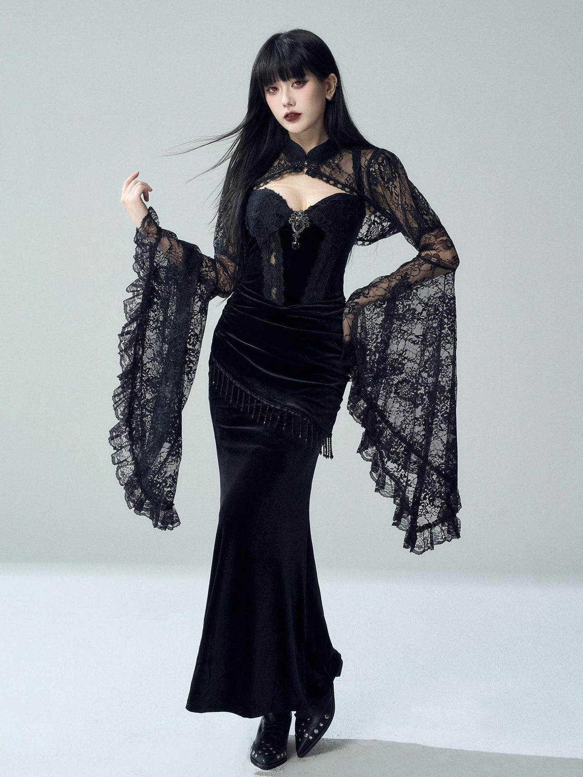 LADYGHOST Gothic Lace Glossy Paneled Bell Sleeve Women&
