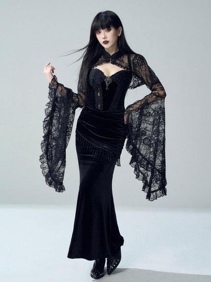 LADYGHOST Gothic Lace Glossy Paneled Bell Sleeve Women&