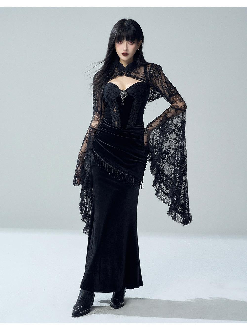 LADYGHOST Gothic Lace Glossy Paneled Bell Sleeve Women&
