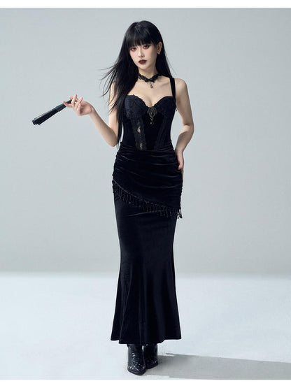 LADYGHOST Gothic Lace Glossy Paneled Bell Sleeve Women&