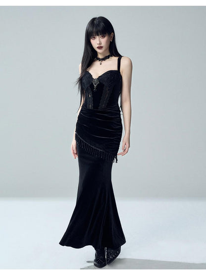 LADYGHOST Gothic Lace Glossy Paneled Bell Sleeve Women&