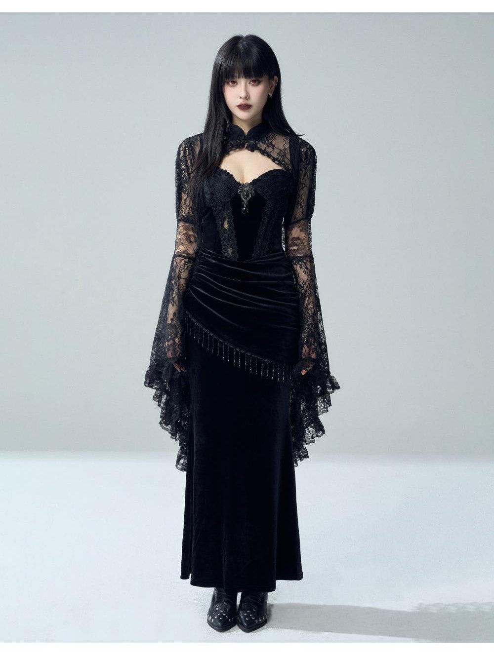 LADYGHOST Gothic Lace Glossy Paneled Bell Sleeve Women&