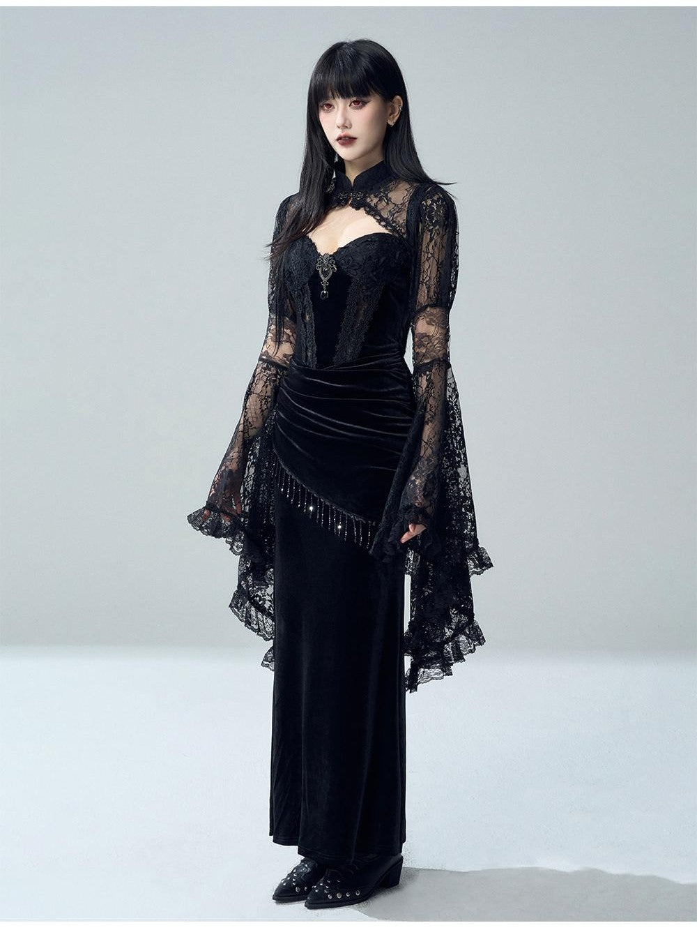 LADYGHOST Gothic Lace Glossy Paneled Bell Sleeve Women&