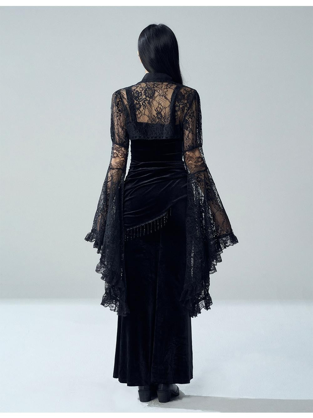 LADYGHOST Gothic Lace Glossy Paneled Bell Sleeve Women&