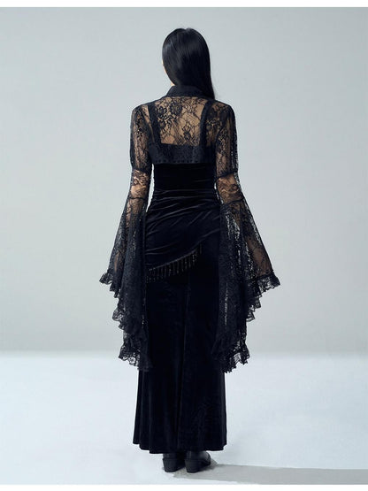 LADYGHOST Gothic Lace Glossy Paneled Bell Sleeve Women&