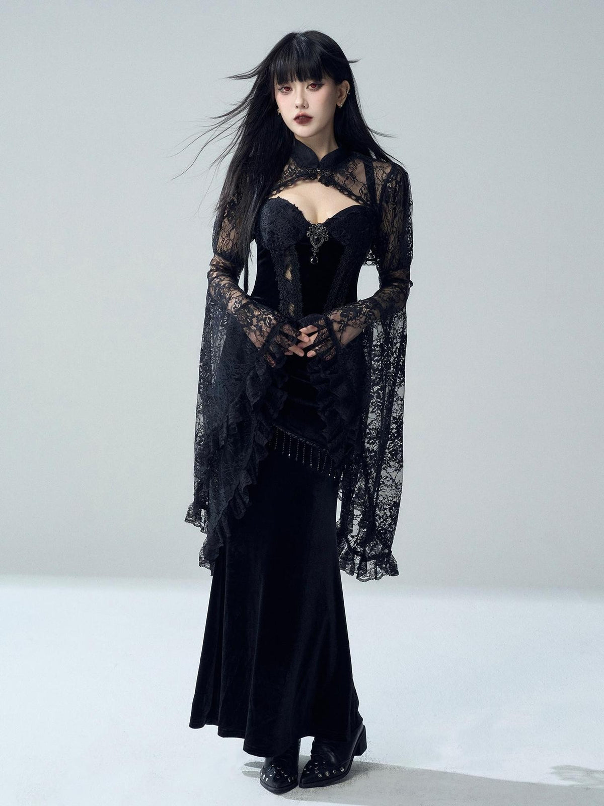 LADYGHOST Gothic Lace Glossy Paneled Bell Sleeve Women&