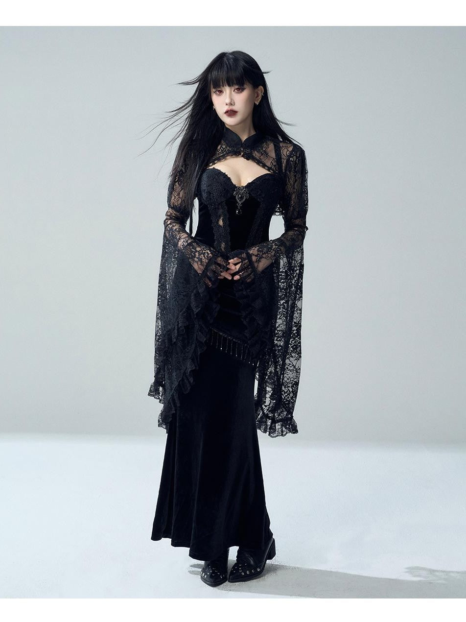 LADYGHOST Gothic Lace Glossy Paneled Bell Sleeve Women&