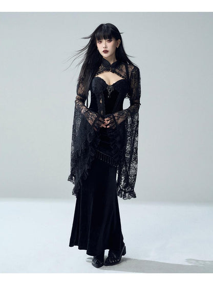 LADYGHOST Gothic Lace Glossy Paneled Bell Sleeve Women&