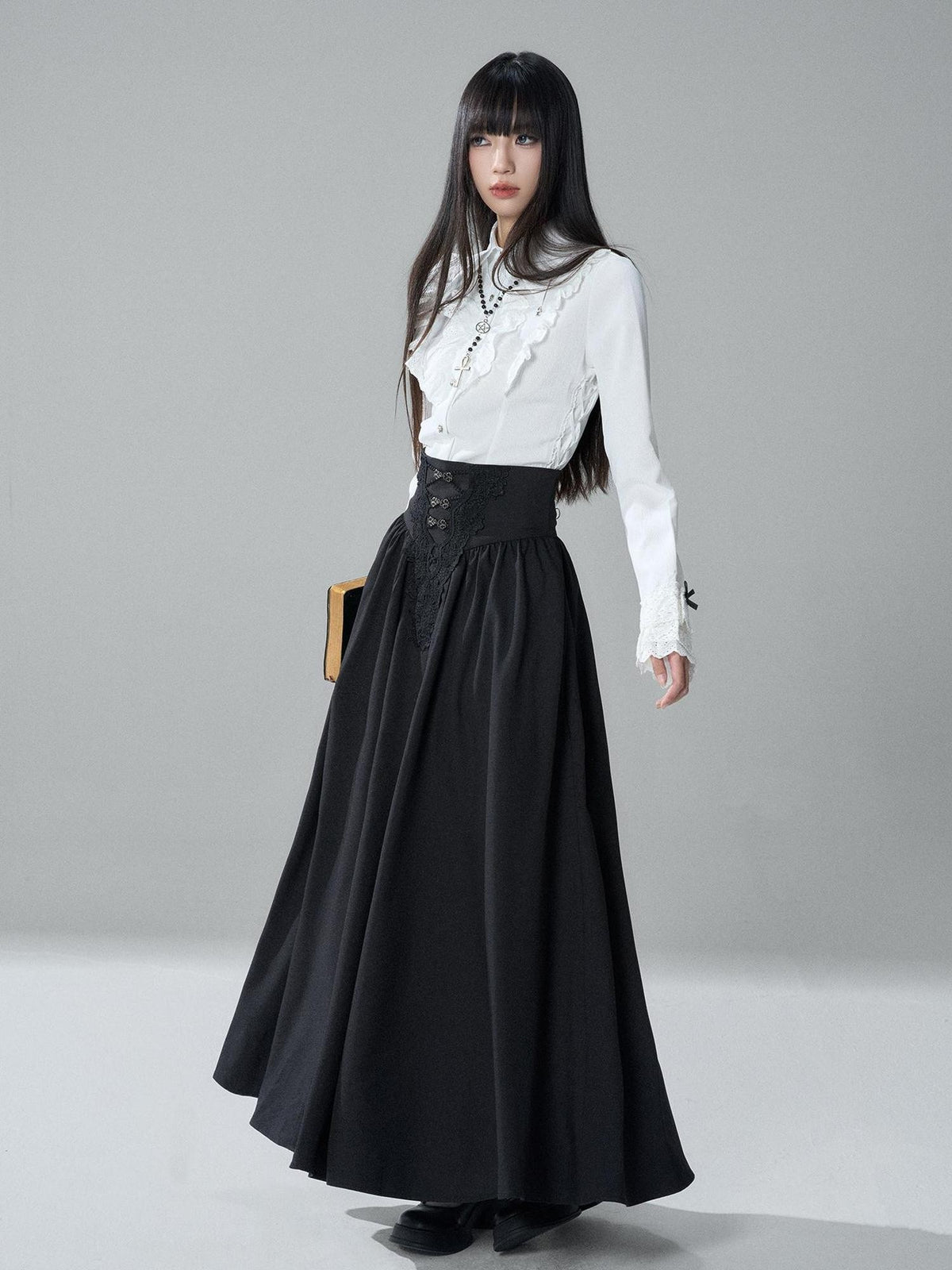 LADYGHOST Gothic Lace Pleated High Waist A Line Women&