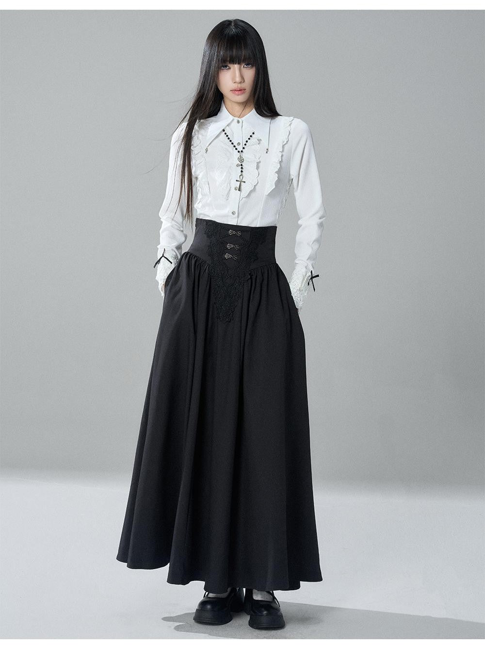 LADYGHOST Gothic Lace Pleated High Waist A Line Women&