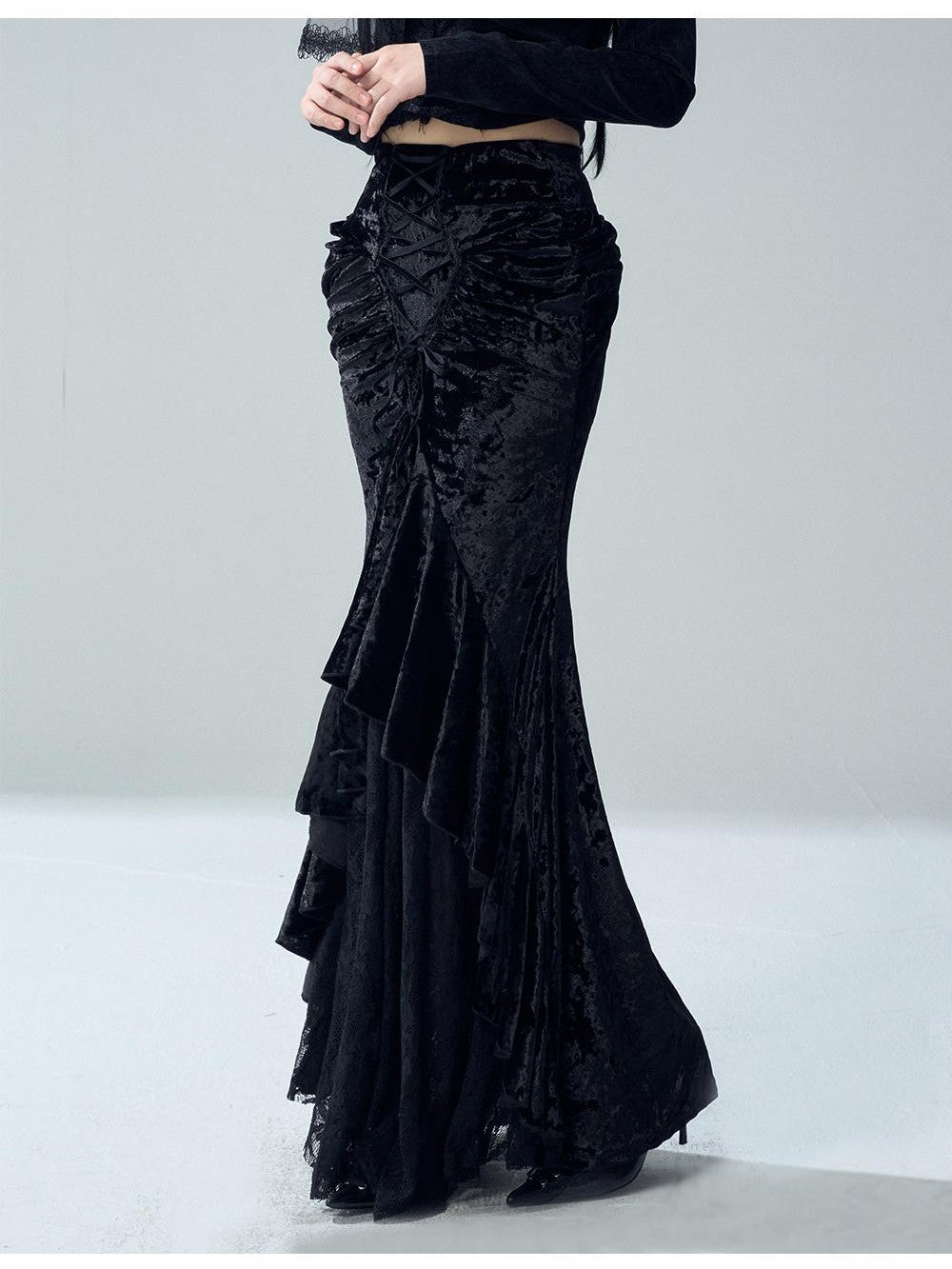 LADYGHOST Gothic Lace Ruffle Velvet Mermaid High Waist Women&