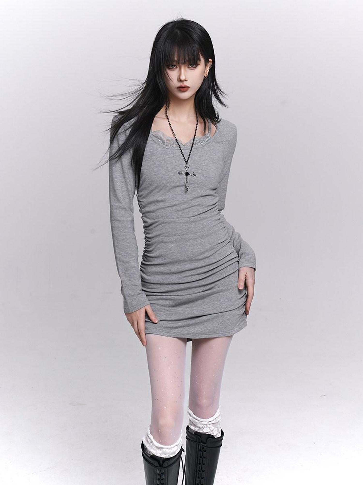 LADYGHOST Gray Faux Two Piece Hip Hugging Figure Flattering Women&