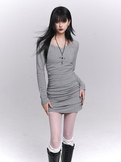 LADYGHOST Gray Faux Two Piece Hip Hugging Figure Flattering Women&