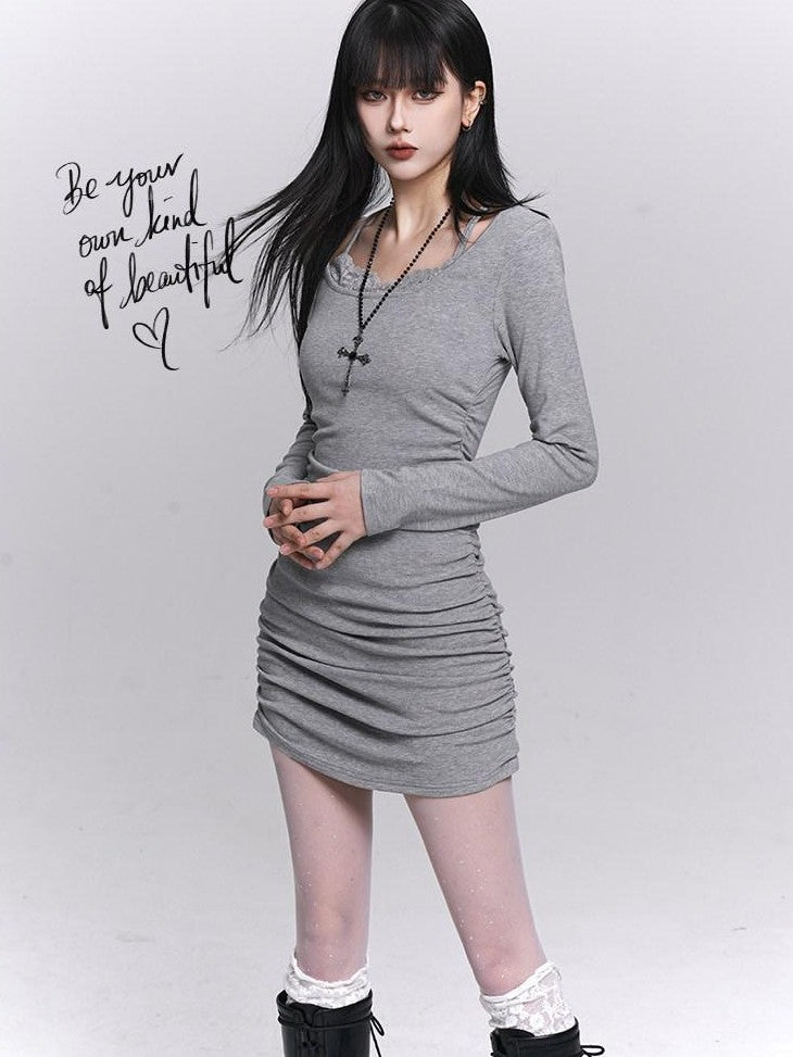 LADYGHOST Gray Faux Two Piece Hip Hugging Figure Flattering Women&