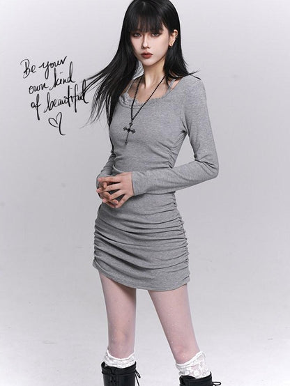 LADYGHOST Gray Faux Two Piece Hip Hugging Figure Flattering Women&