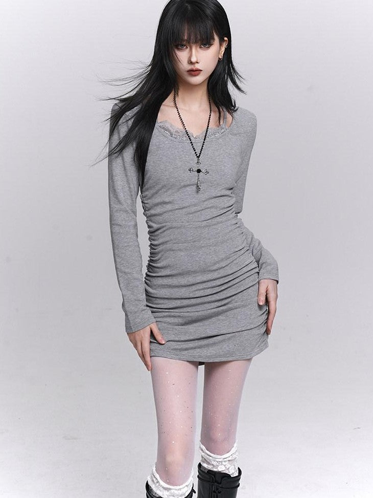 LADYGHOST Gray Faux Two Piece Hip Hugging Figure Flattering Women&