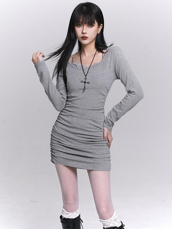 LADYGHOST Gray Faux Two Piece Hip Hugging Figure Flattering Women&