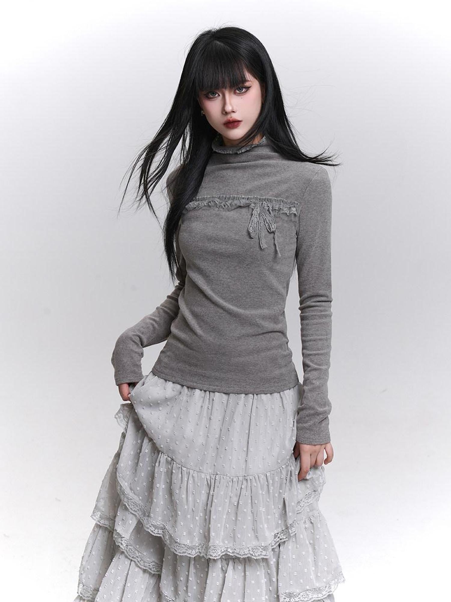 LADYGHOST Gray Ghost Girl Print Mock Neck Women&