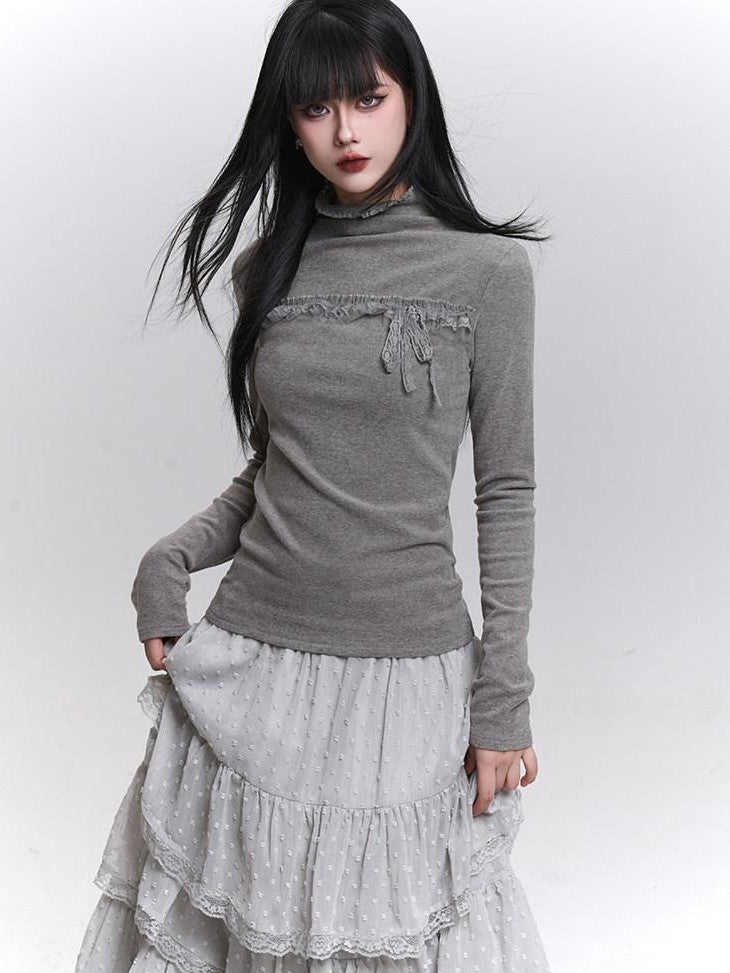 LADYGHOST Gray Ghost Girl Print Mock Neck Women&
