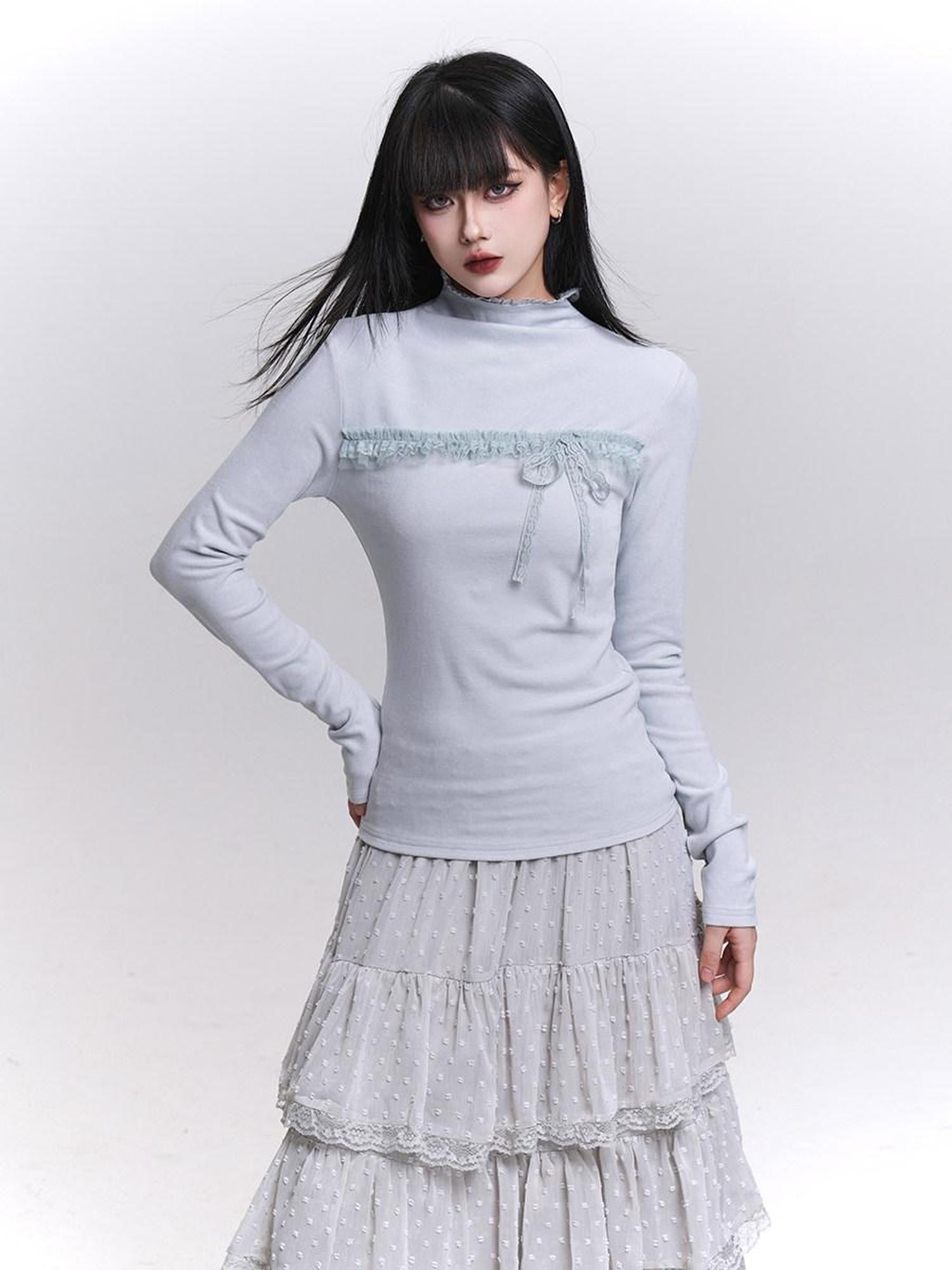 LADYGHOST Gray Ghost Girl Print Mock Neck Women&