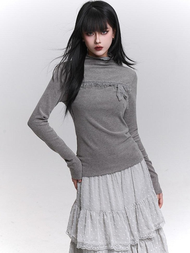 LADYGHOST Gray Ghost Girl Print Mock Neck Women&