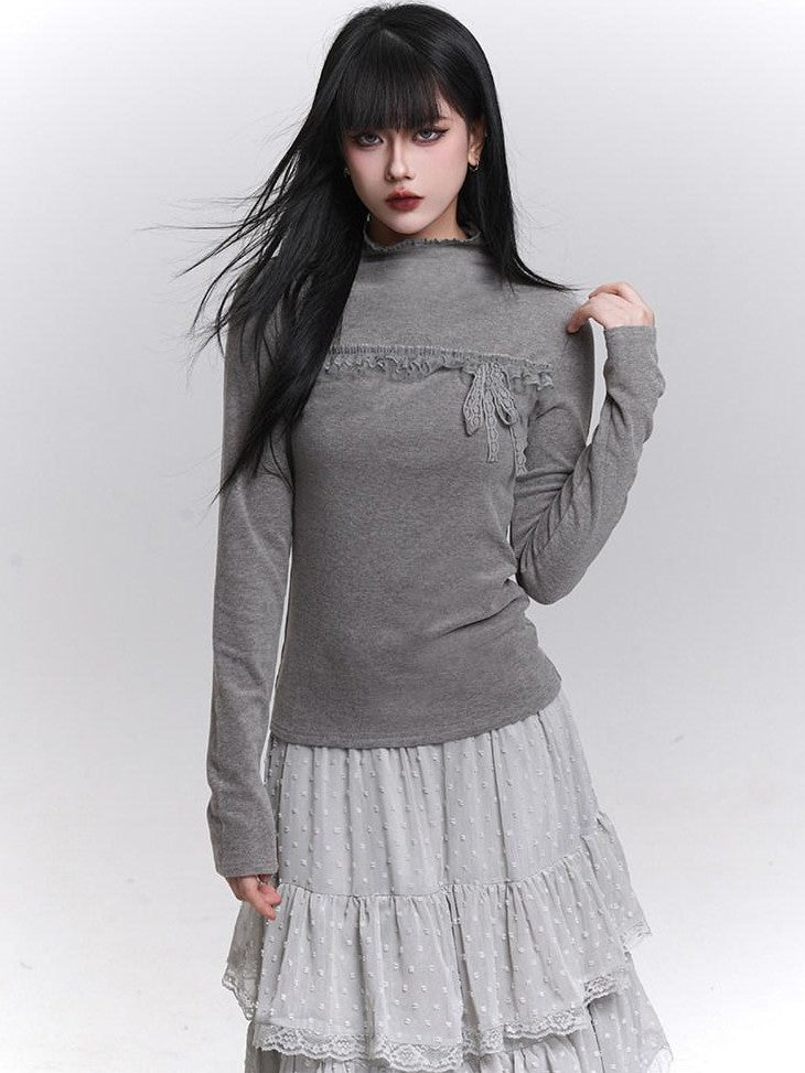 LADYGHOST Gray Ghost Girl Print Mock Neck Women&