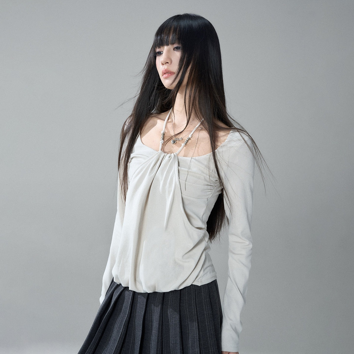 LADYGHOST_Gray_Halter_Ruched_Solid_Korean_Slim_Fit_Women&