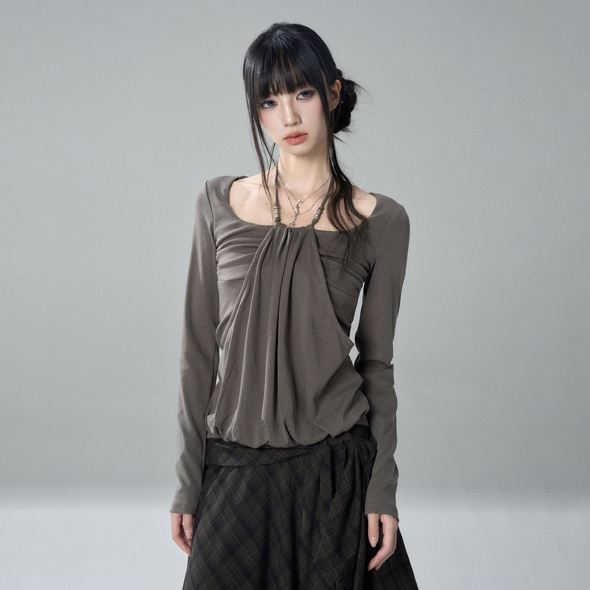 LADYGHOST_Gray_Halter_Ruched_Solid_Korean_Slim_Fit_Women&