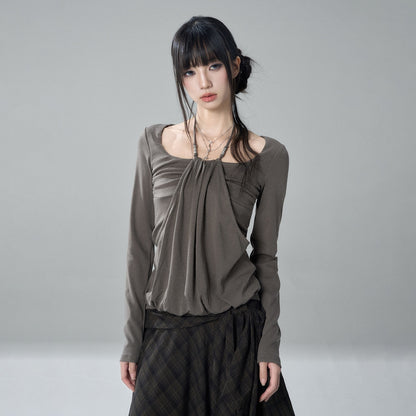 LADYGHOST_Gray_Halter_Ruched_Solid_Korean_Slim_Fit_Women&