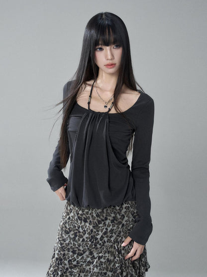 LADYGHOST Gray Halter Ruched Solid Korean Slim Fit Women&