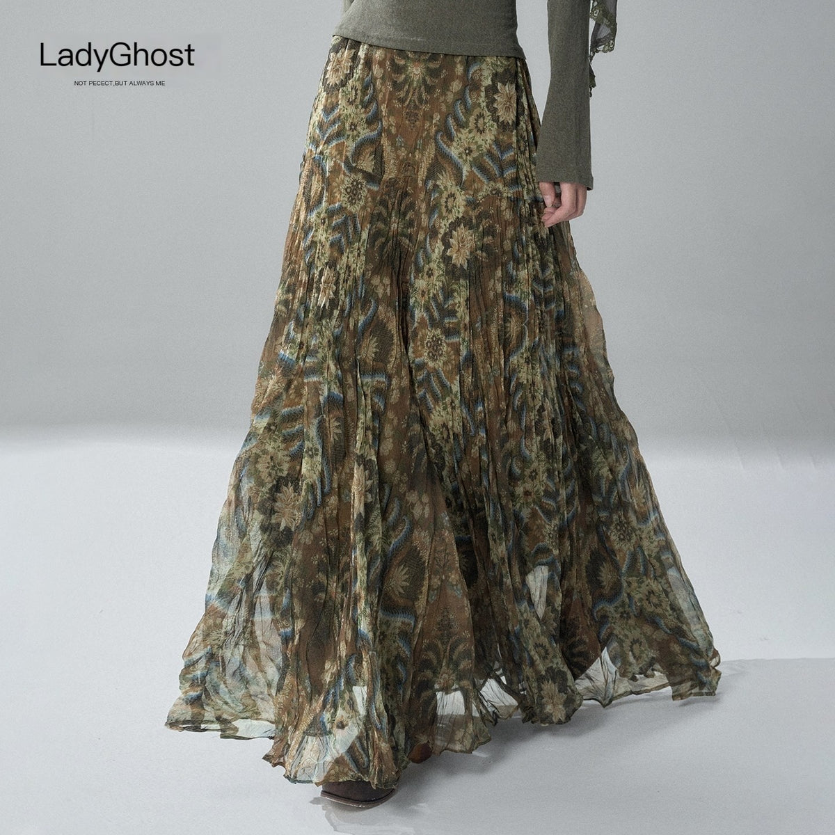 LADYGHOST_Green_Ruffled_High_Waist_Printed_Artistic_Women&