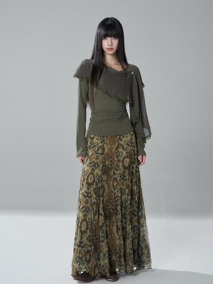 LADYGHOST Green Ruffled High Waist Printed Artistic Women&